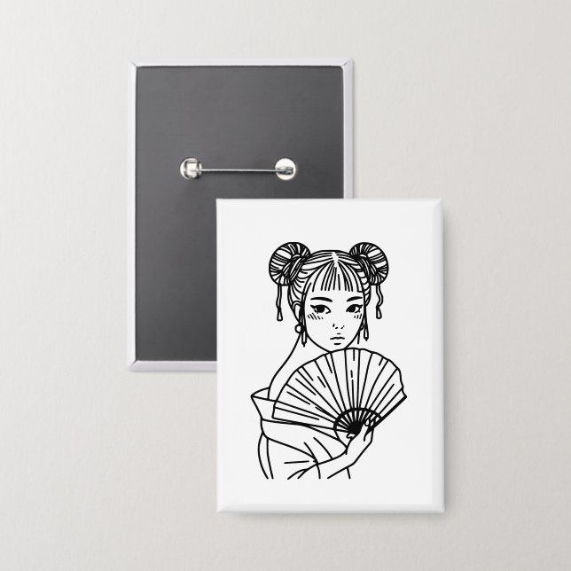 Japanische Frau Fan Art Button (Vorderseite/Rückseite)