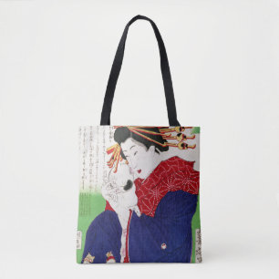 Japanische Frau hält eine Katze, Tsukioka Yoshitos