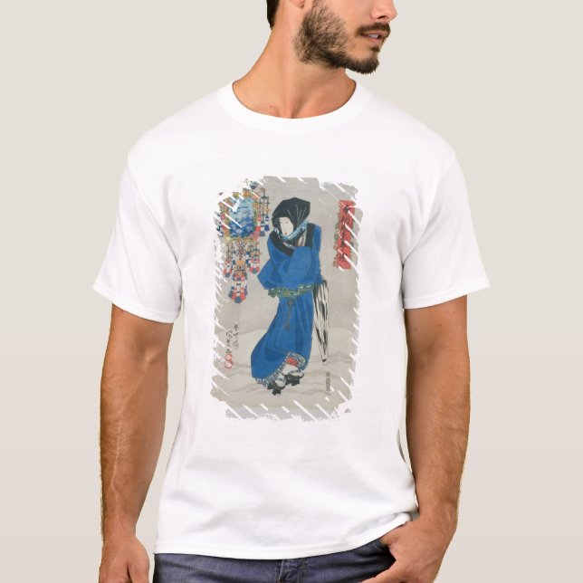 Japanische Frau im Schnee (Farbewoodblock Druck T-Shirt (Vorderseite)