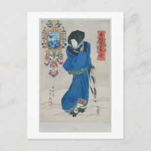 Japanische Frau im Schnee (Farbwoodblock-Druck Postkarte