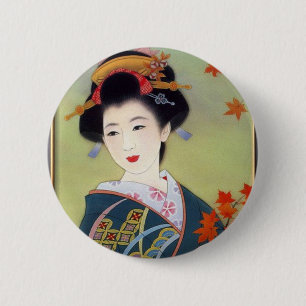 Japanische Frau in blauem Kimono Button