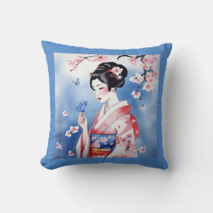 Japanische Frau mit blauem Schmetterling Kissen