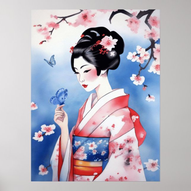 Japanische Frau mit blauem Schmetterling Poster (Vorne)
