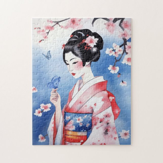 Japanische Frau mit blauem Schmetterling Puzzle (Vertikal)