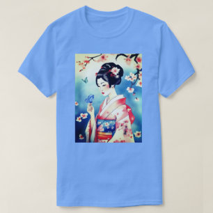 Japanische Frau mit blauem Schmetterling T-Shirt