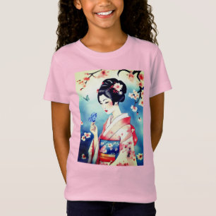 Japanische Frau mit blauem Schmetterling T-Shirt