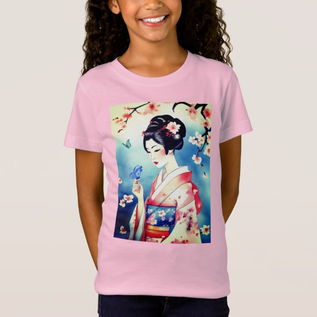 Japanische Frau mit blauem Schmetterling T-Shirt (Vorderseite)