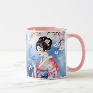 Japanische Frau mit blauem Schmetterling Tasse