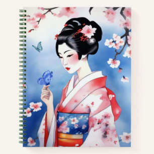 Japanische Frau mit einem Blue Butterfly Journal Notizbuch