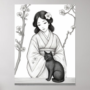 Japanische Frau mit schwarzer Katze Poster