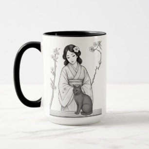 Japanische Frau mit schwarzer Katze Tasse