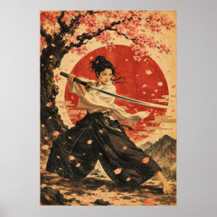 Japanische Frau Roter Sonnenportraitposter Poster