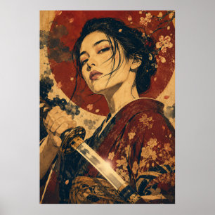 Japanische Frau Roter Sonnenportraitposter Poster