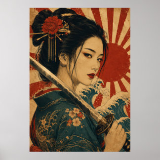 Japanische Frau Roter Sonnenportraitposter Poster