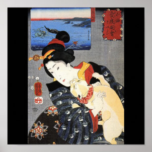 Japanische Frau und Katze, c. Japan des 18. Jahrhu Poster
