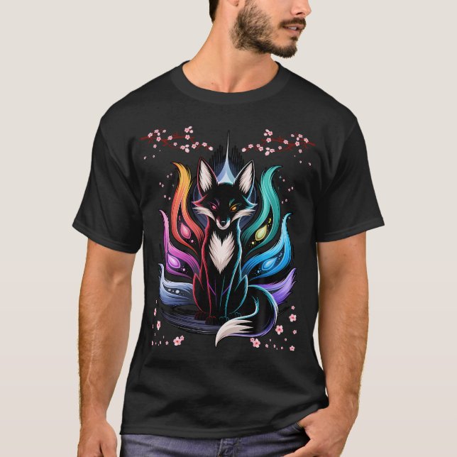 Japanische Fuchs Kitsune Sieben Elemente Kirschblü T-Shirt (Vorderseite)