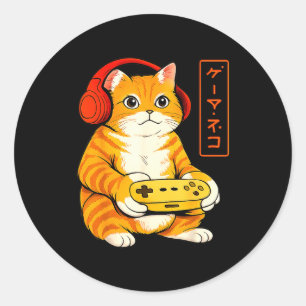 Japanische Gamer-Katze Lustige Vintage-Gaming-Gesc Runder Aufkleber