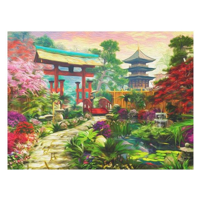 Japanische Garten-Pagode Kirschblüte und Tischdecke (Vorderseite (Horizontal))