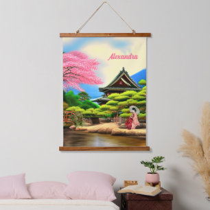 Japanische Gartenlandschaft Hängende Tapisserie Wandteppich Mit Holzrahmen