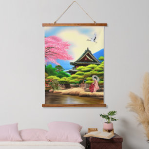 Japanische Gartenlandschaft Wandteppich Mit Holzrahmen