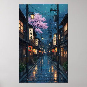 Japanische Gassen-Regennacht-gemütliche Anime-Blüt Poster