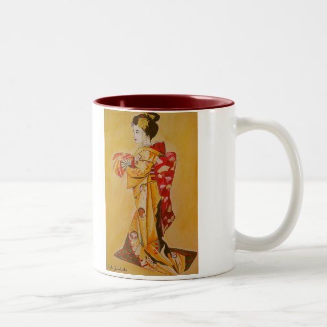 Japanische Geisha Aquarellmalerei Zweifarbige Tasse (Rechts)