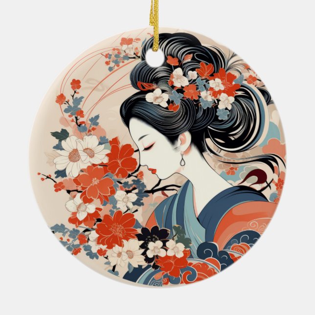 Japanische Geisha & Blume Keramik Ornament (Hinten)