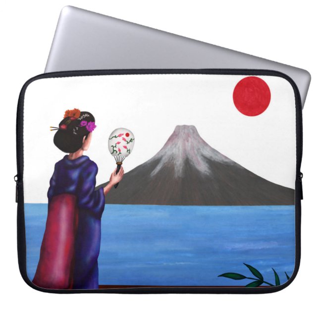 Japanische Geisha Girl, die Sonne und der Fuji-Ber Laptopschutzhülle (Vorderseite)
