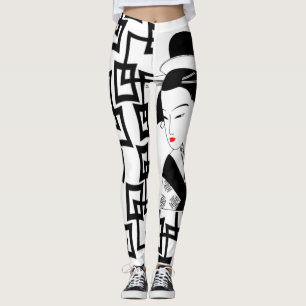 japanische geisha Girl Schwarz-weiße grafische Leg Leggings