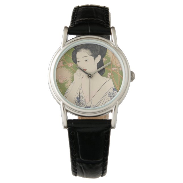 Japanische Geisha Kimono Woodcut Watch Armbanduhr (Vorderseite)