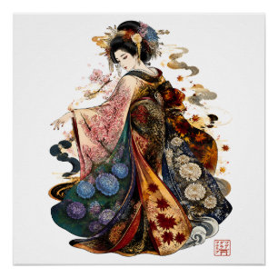Japanische Geisha-Kunst Kimono und saisonale Blu Poster