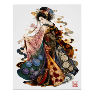 Japanische Geisha-Kunst Kimono und saisonale Blu Poster