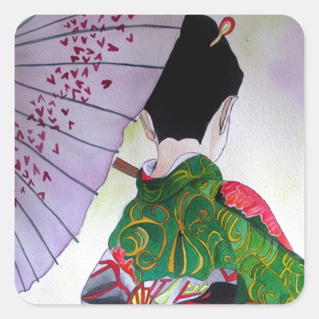 Japanische Geisha-Kunst mit Kimono und Schirm Quadratischer Aufkleber (Vorderseite)