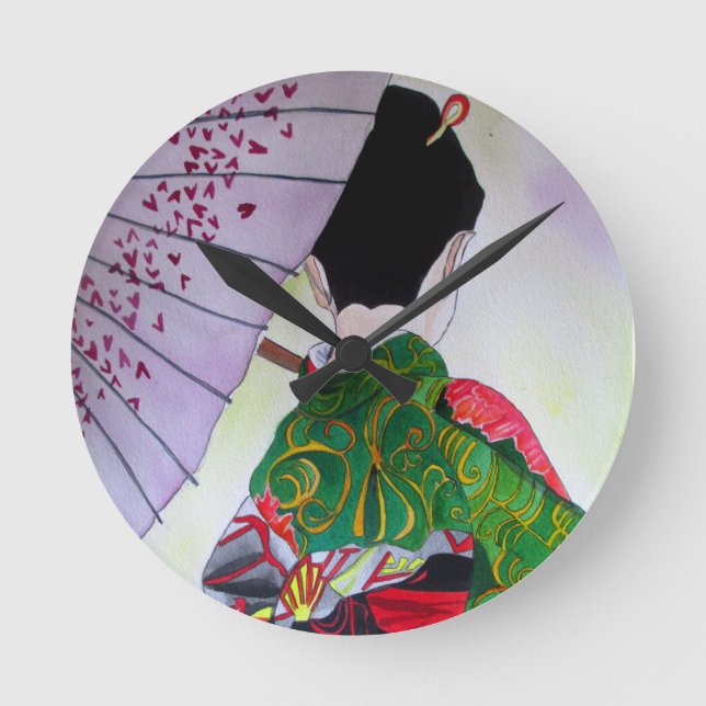 Japanische Geisha-Kunst mit Kimono und Schirm Runde Wanduhr (Vorderseite)