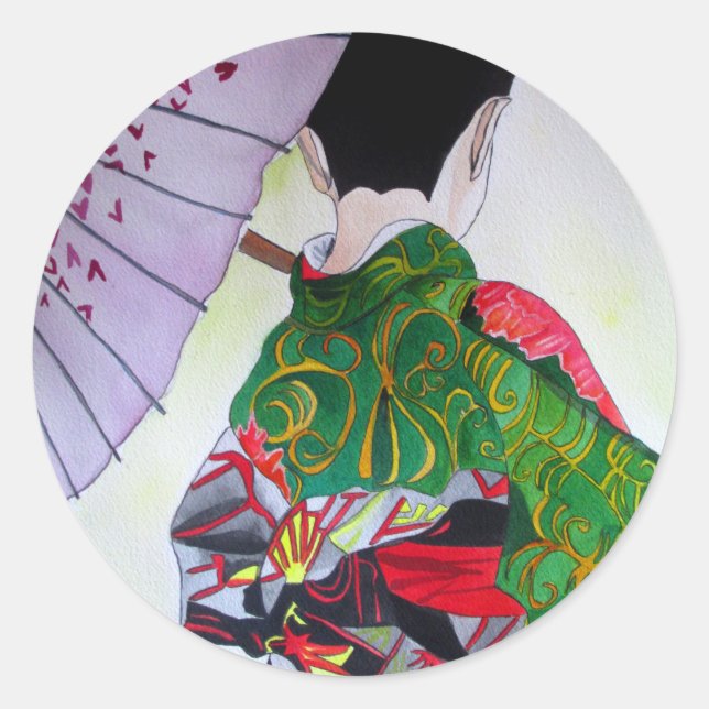 Japanische Geisha-Kunst mit Kimono und Schirm Runder Aufkleber (Vorderseite)