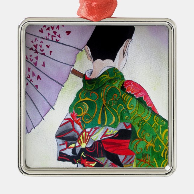 Japanische Geisha-Kunst mit Kimono und Schirm Silbernes Ornament (Vorne)