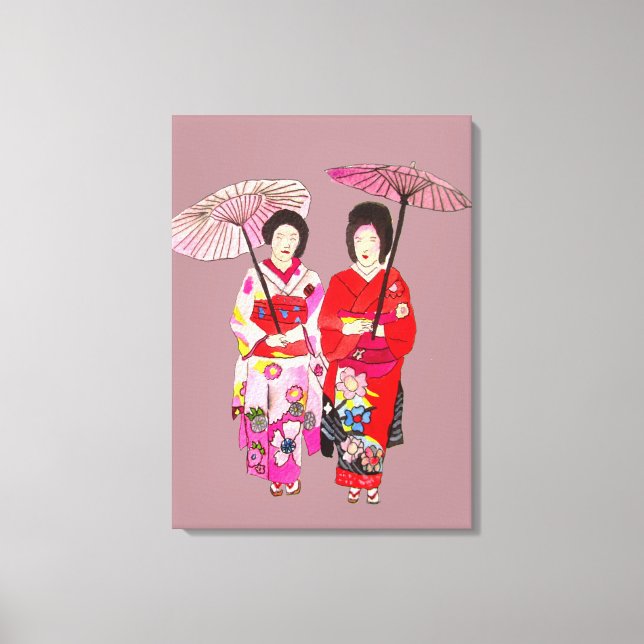 Japanische Geisha Ladys Rosa Kimono Originalkunst Leinwanddruck (Vorderseite)