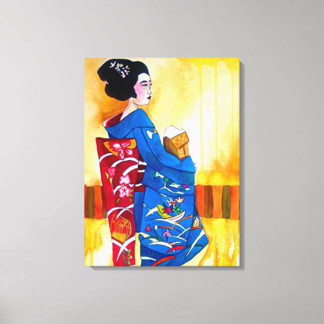 Japanische Geisha mit blauer Kimono-Originalkunst Leinwanddruck (Vorderseite)