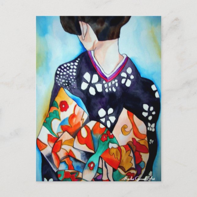 Japanische Geisha mit blauer Kimono-Originalkunst Postkarte (Vorderseite)