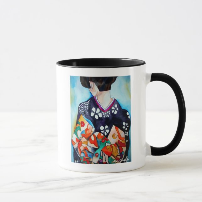 Japanische Geisha mit blauer Kimono-Originalkunst Tasse (Rechts)