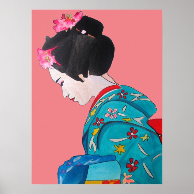 Japanische Geisha mit Cherry Blossoms Kunst Poster (Vorne)