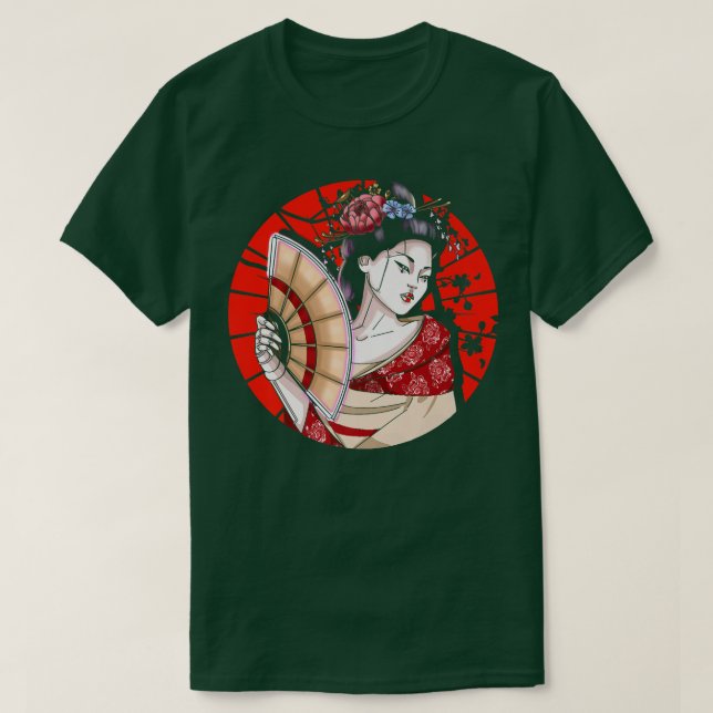 Japanische Geisha mit Fan Sakura Japan-Frau Geis T-Shirt (Design vorne)