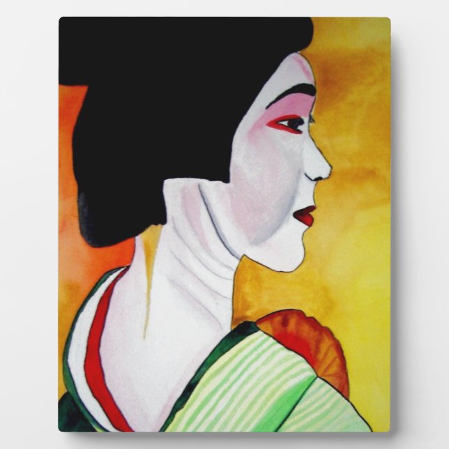 Japanische Geisha mit grüner Kimono-Originalkunst Fotoplatte (Vorderseite)