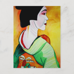 Japanische Geisha mit grüner Kimono-Originalkunst Postkarte