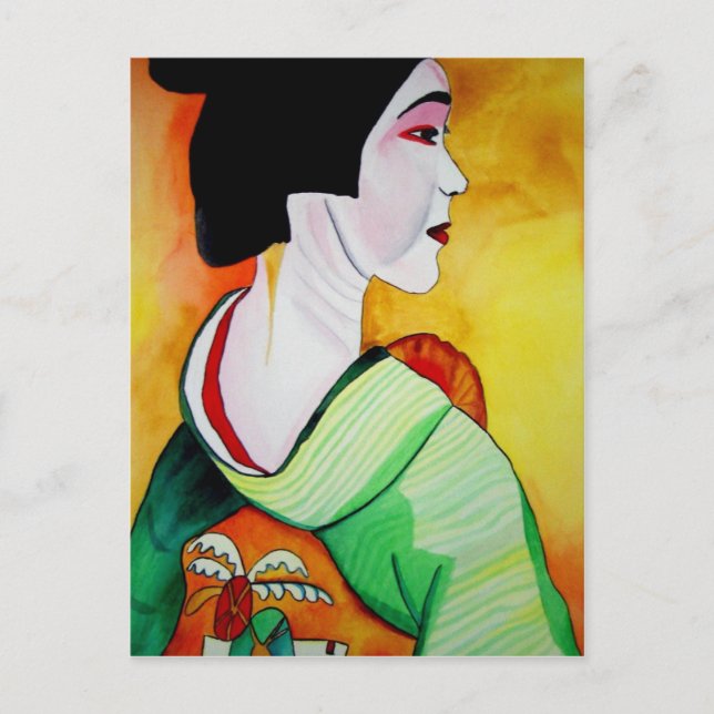 Japanische Geisha mit grüner Kimono-Originalkunst Postkarte (Vorderseite)