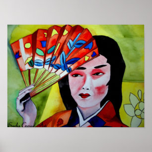 Japanische Geisha mit originaler Aquarellkunst Poster