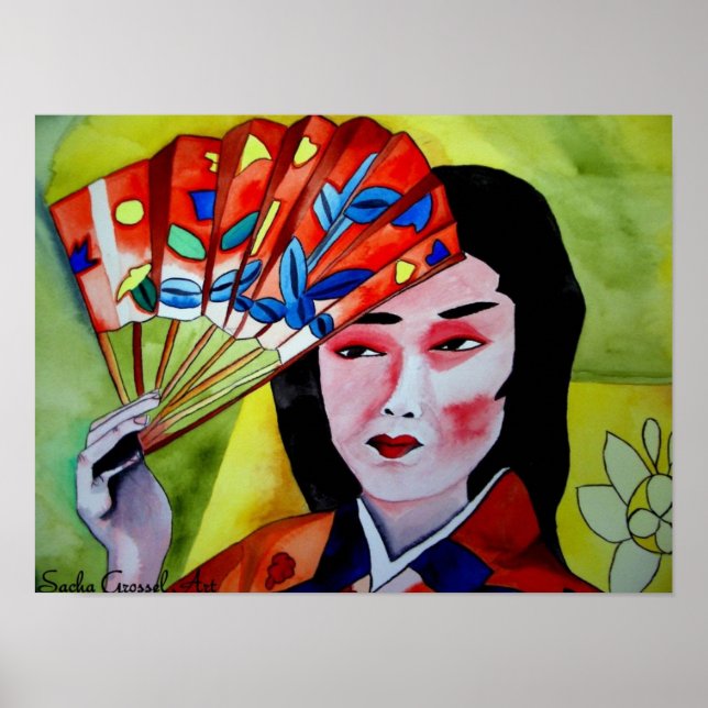 Japanische Geisha mit originaler Aquarellkunst Poster (Vorne)
