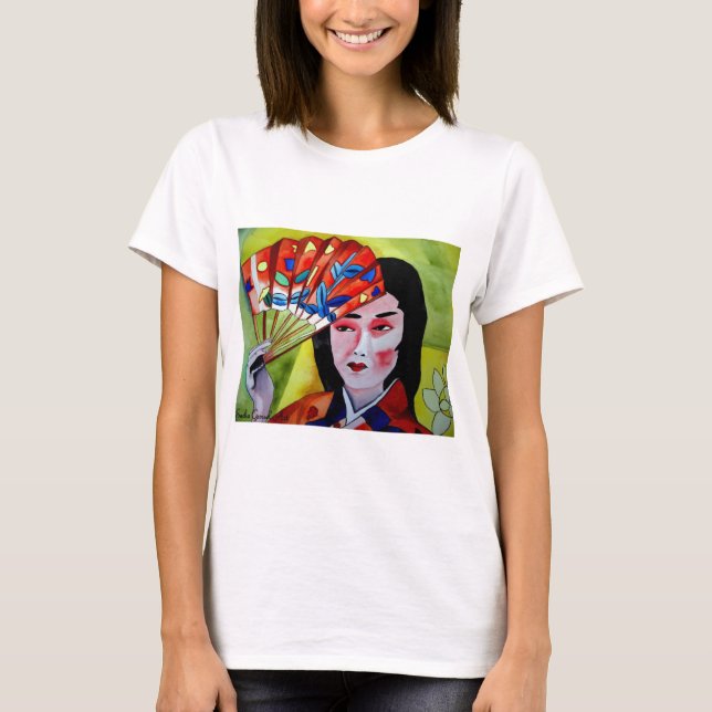 Japanische Geisha mit originaler Aquarellkunst T-Shirt (Vorderseite)
