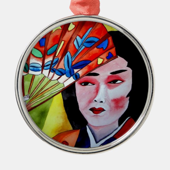 japanische Geisha mit originaler Kunstmalerei Silbernes Ornament (Vorne)
