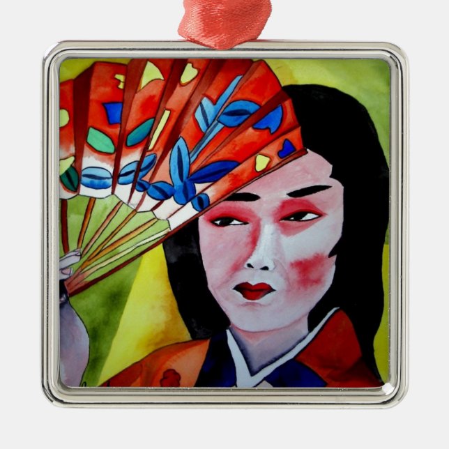 japanische Geisha mit originaler Kunstmalerei Silbernes Ornament (Vorne)